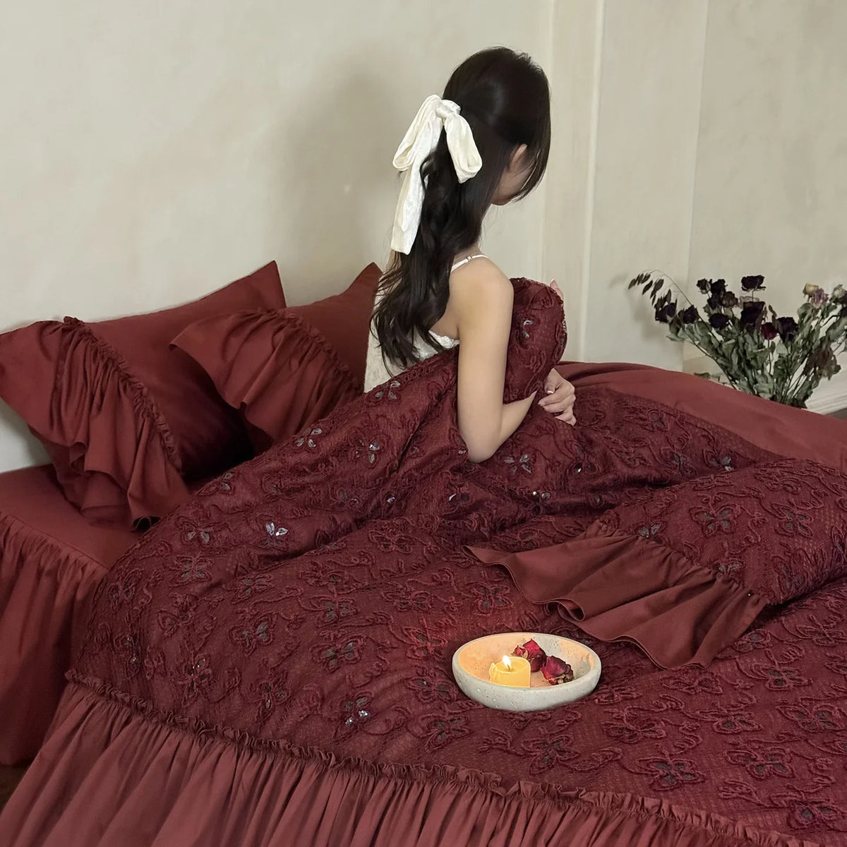 Duvet Cover Set Cotton Satin Embroidered Floral Ruffled Edges