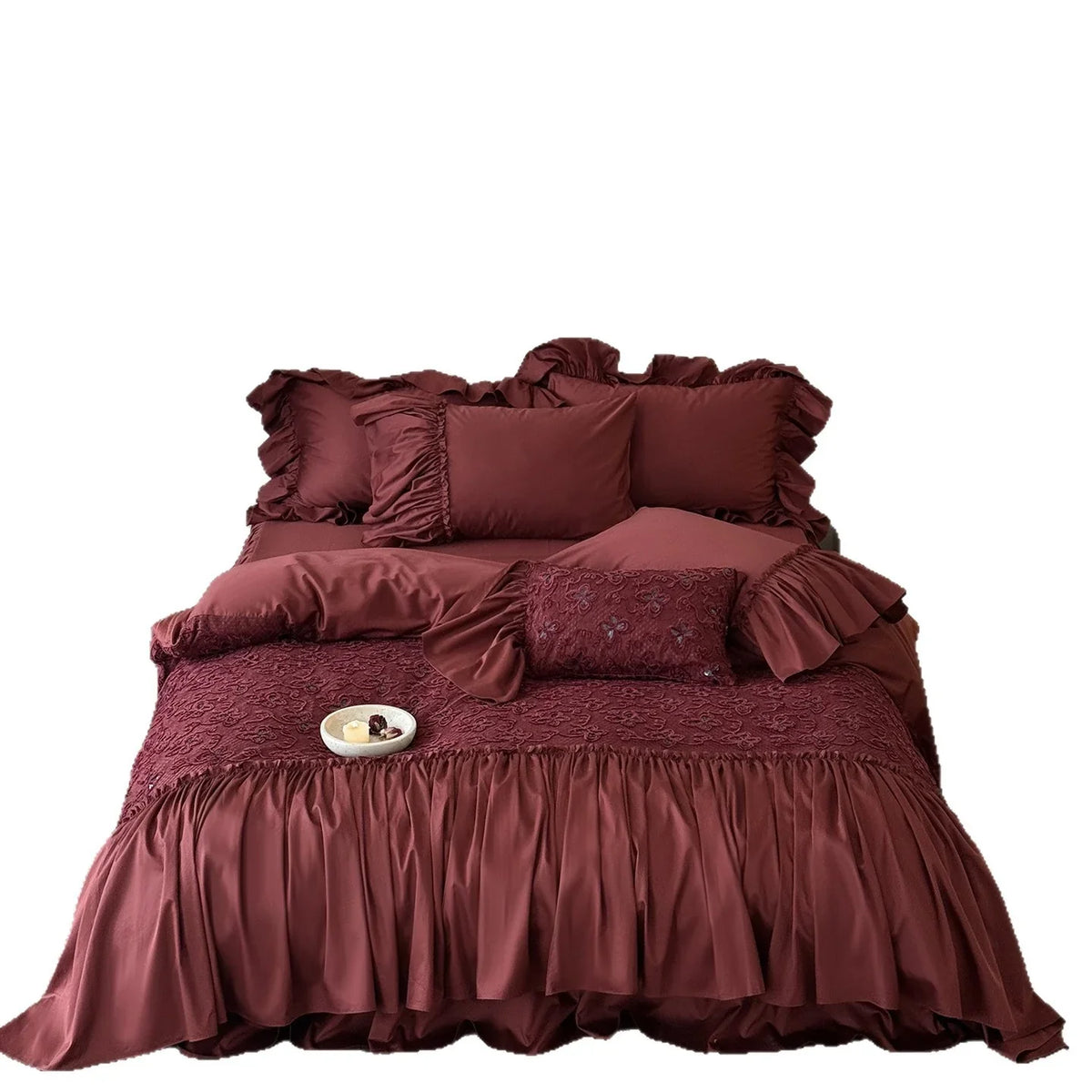 Duvet Cover Set Cotton Satin Embroidered Floral Ruffled Edges