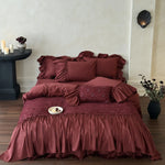 Duvet Cover Set Cotton Satin Embroidered Floral Ruffled Edges