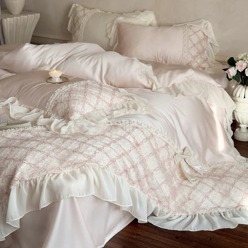 Duvet Cover Set Cotton Satin Embroidered Lace & Ruffles