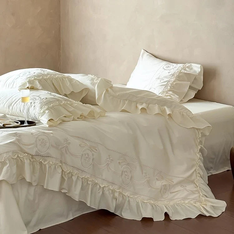 Duvet Cover Set Cotton Satin Embroidered Ruffle Hem