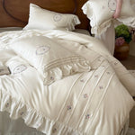 Duvet Cover Set Cotton Satin Embroidered Ruffled Hem 4-Piece