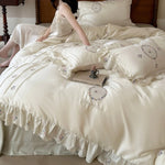 Duvet Cover Set Cotton Satin Embroidered Ruffled Hem 4-Piece