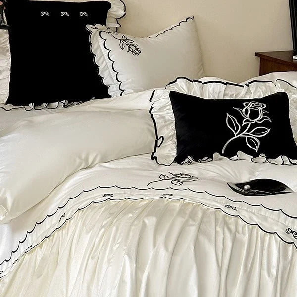 Duvet Cover Set Cotton Satin Embroidered & Ruffled Trim