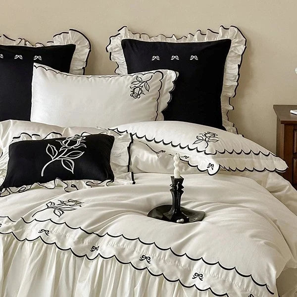 Duvet Cover Set Cotton Satin Embroidered & Ruffled Trim