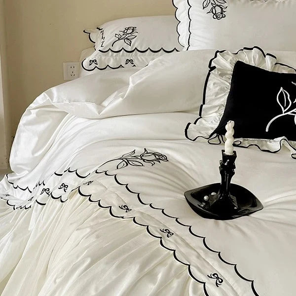 Duvet Cover Set Cotton Satin Embroidered & Ruffled Trim