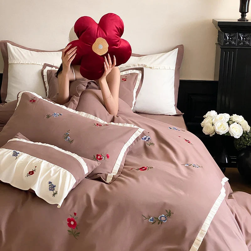 Duvet Cover Set Cotton Satin Embroidered Wildflower Hidden Zipper