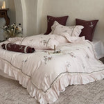 Duvet Cover Set Cotton Satin Floral Embroidery 4-Piece Set