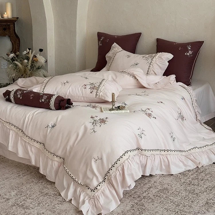 Duvet Cover Set Cotton Satin Floral Embroidery 4-Piece Set