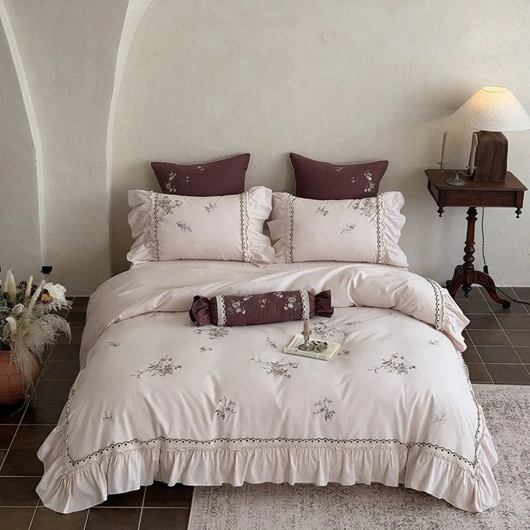 Duvet Cover Set Cotton Satin Floral Embroidery 4-Piece Set