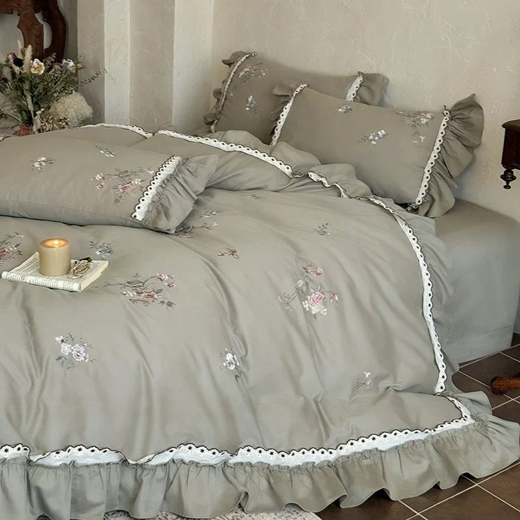Duvet Cover Set Cotton Satin Floral Embroidery 4-Piece Set