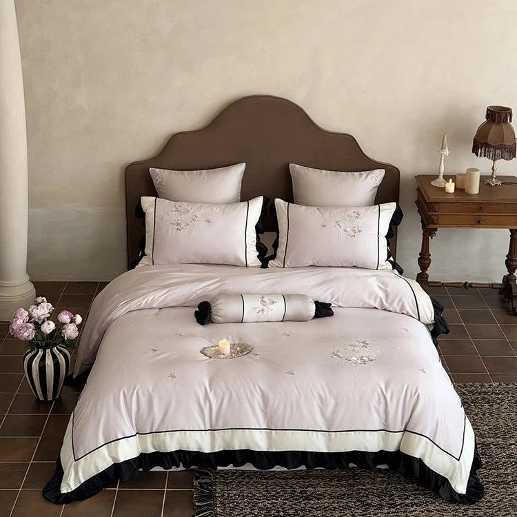 Duvet Cover Set Cotton Satin Floral Embroidery