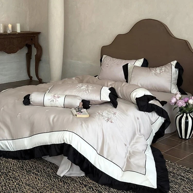 Duvet Cover Set Cotton Satin Floral Embroidery