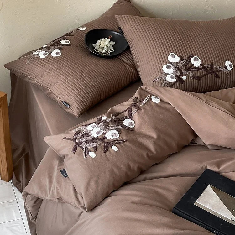 Duvet Cover Set Cotton Satin Floral Embroidery Hidden Zipper