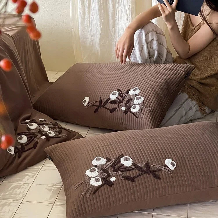 Duvet Cover Set Cotton Satin Floral Embroidery Hidden Zipper