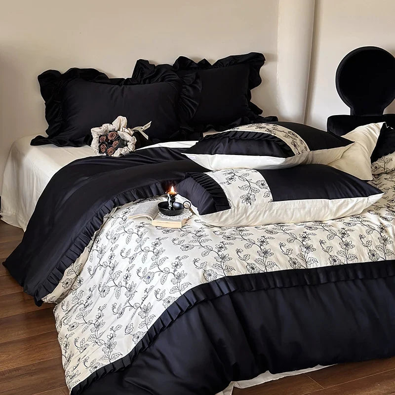 Duvet Cover Set Cotton Satin Floral Embroidery Machine-Washable