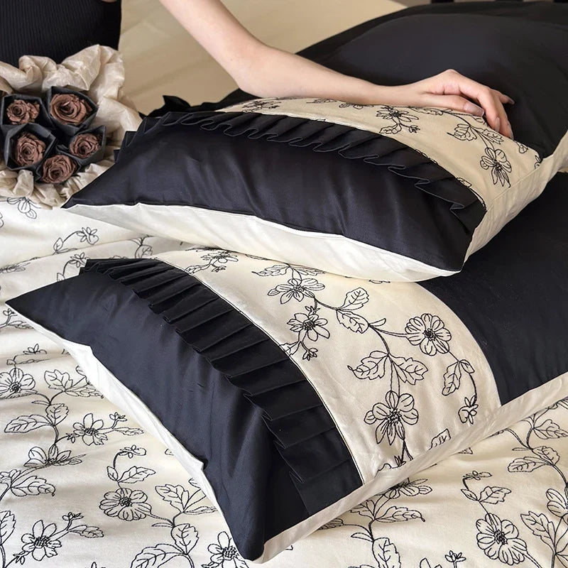 Duvet Cover Set Cotton Satin Floral Embroidery Machine-Washable
