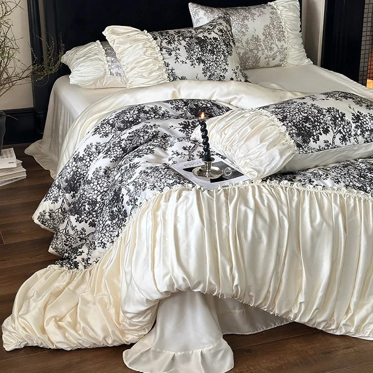 Duvet Cover Set Cotton Satin Floral Toile 4-Piece