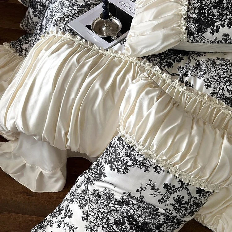 Duvet Cover Set Cotton Satin Floral Toile 4-Piece