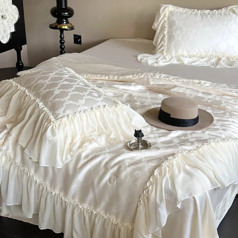 Duvet Cover Set Cotton Satin Jacquard Ruffle Trim 4-Piece Set