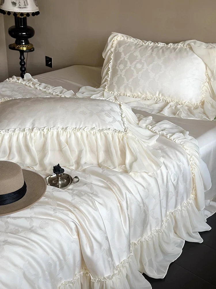 Duvet Cover Set Cotton Satin Jacquard Ruffle Trim 4-Piece Set