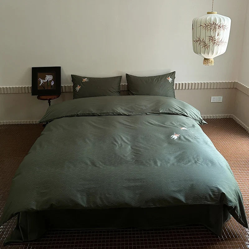 Duvet Cover Set Cotton Satin Koi Embroidery