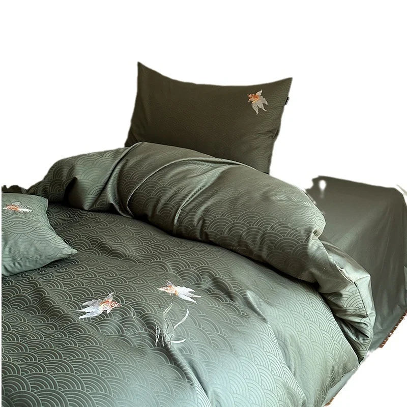 Duvet Cover Set Cotton Satin Koi Embroidery