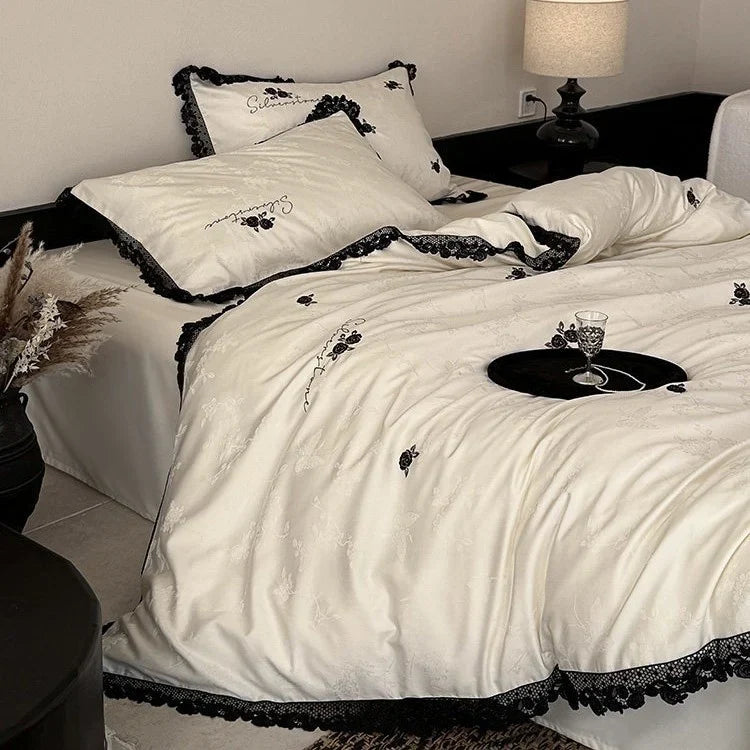 Duvet Cover Set Cotton Satin Lace & Rose Embroidery