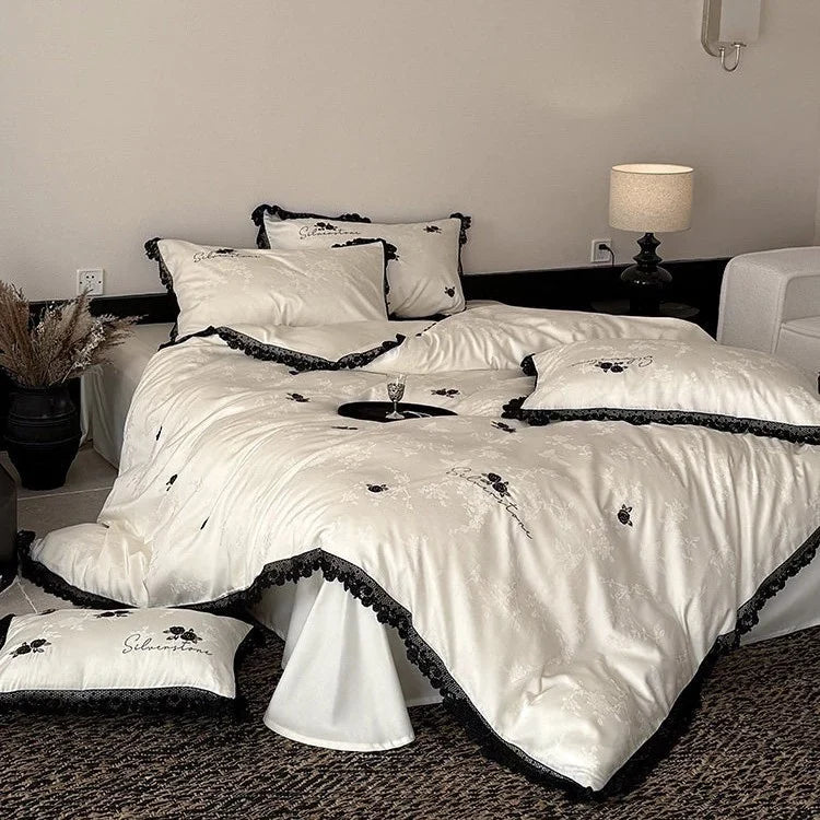 Duvet Cover Set Cotton Satin Lace & Rose Embroidery
