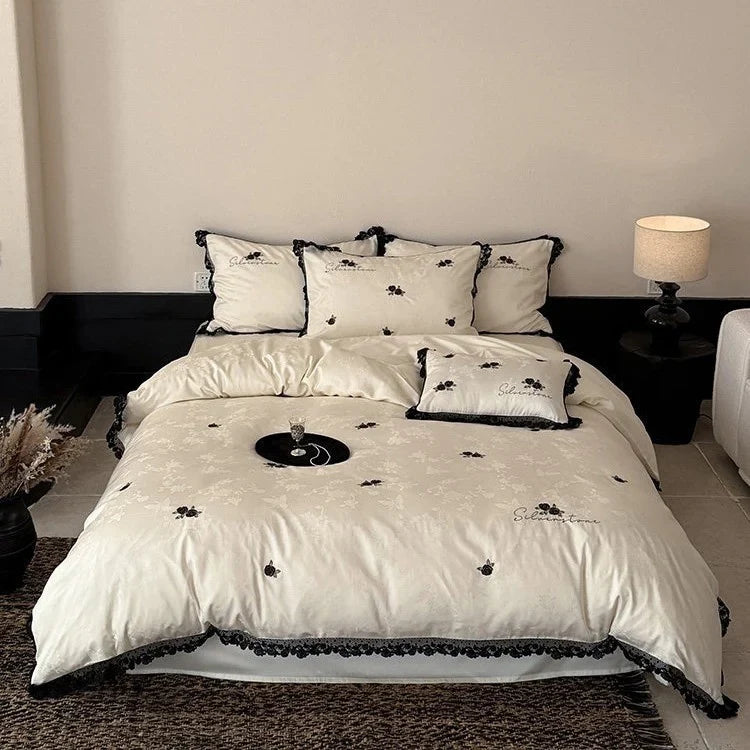Duvet Cover Set Cotton Satin Lace & Rose Embroidery
