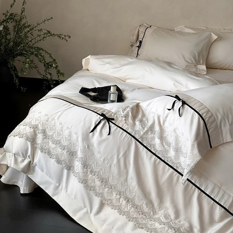 Duvet Cover Set Cotton Satin Lace Trim Hotel Closure