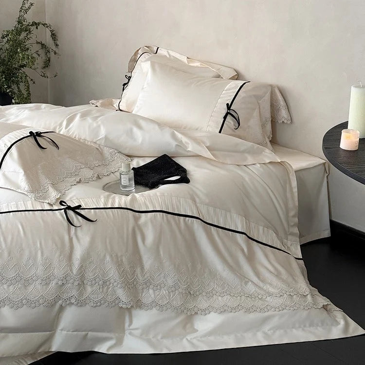 Duvet Cover Set Cotton Satin Lace Trim Hotel Closure