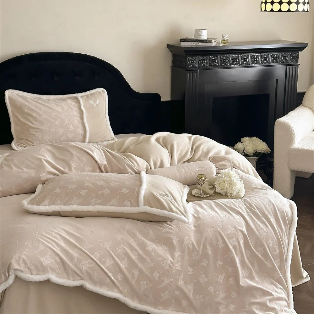 Duvet Cover Set Cotton Satin Minimal Embroidery Sherpa Edge