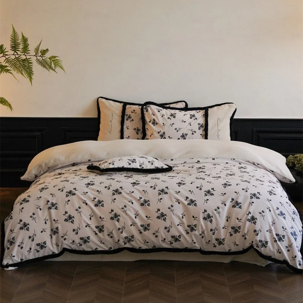 Duvet Cover Set Cotton Satin Minimal Embroidery Sherpa Edge