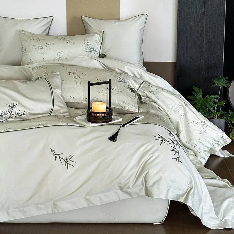 Duvet Cover Set Cotton Satin Reversible Bamboo Print 4-Piece