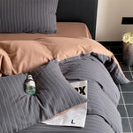 Duvet Cover Set Cotton Satin Reversible Quilted Stripe