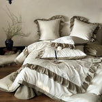 Duvet Cover Set Cotton Satin Rose Embroidery & Double Ruffle