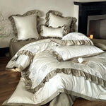 Duvet Cover Set Cotton Satin Rose Embroidery & Double Ruffle