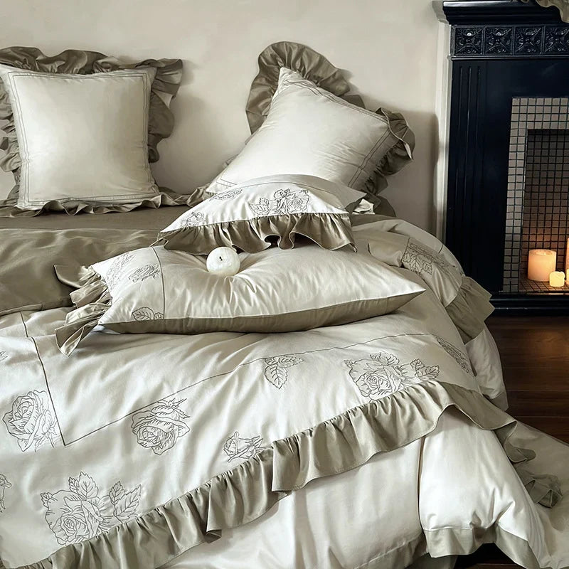 Duvet Cover Set Cotton Satin Rose Embroidery & Double Ruffle