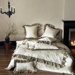 Duvet Cover Set Cotton Satin Rose Embroidery & Double Ruffle