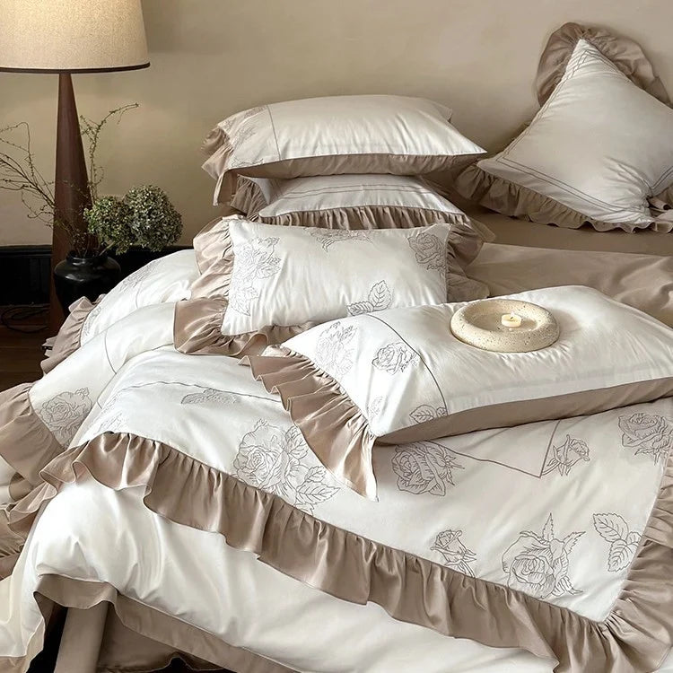 Duvet Cover Set Cotton Satin Rose Embroidery & Double Ruffle