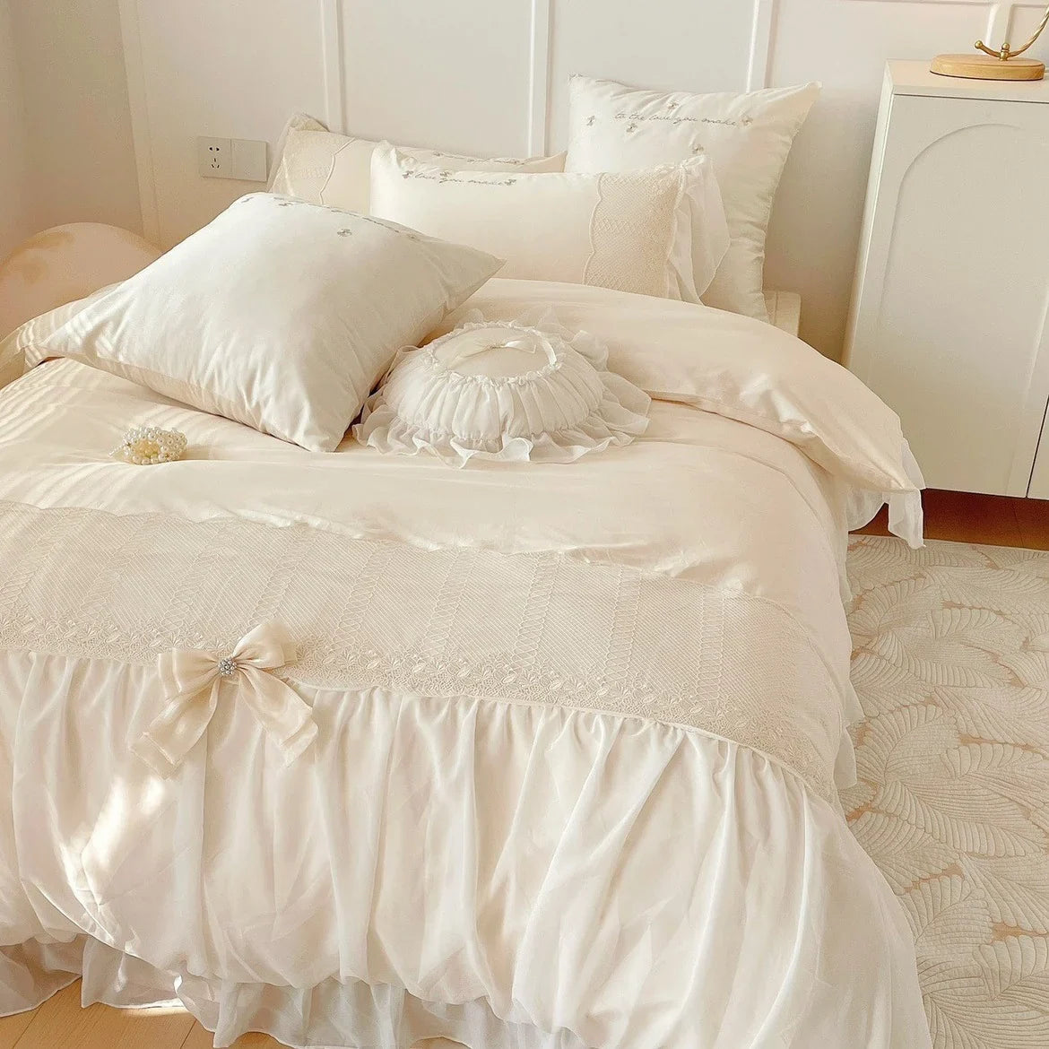 Duvet Cover Set Cotton Satin Ruffle & Bow