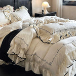 Duvet Cover Set Cotton Satin Ruffled Edge & Embroidered