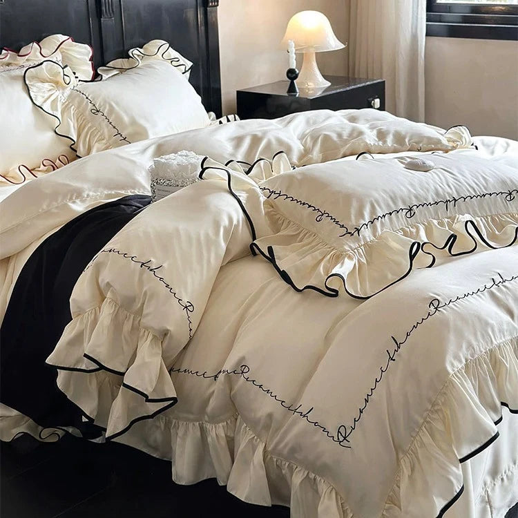 Duvet Cover Set Cotton Satin Ruffled Edge & Embroidered