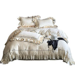Duvet Cover Set Cotton Satin Ruffled Edge & Embroidered