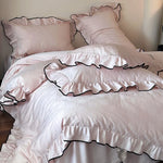 Duvet Cover Set Cotton Satin Ruffled Trim & Contrasting Piping