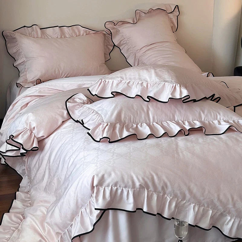 Duvet Cover Set Cotton Satin Ruffled Trim & Contrasting Piping
