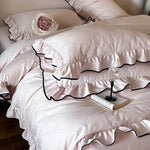 Duvet Cover Set Cotton Satin Ruffled Trim & Contrasting Piping