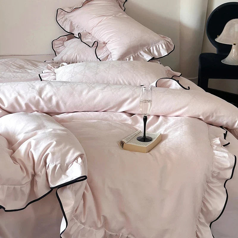 Duvet Cover Set Cotton Satin Ruffled Trim & Contrasting Piping