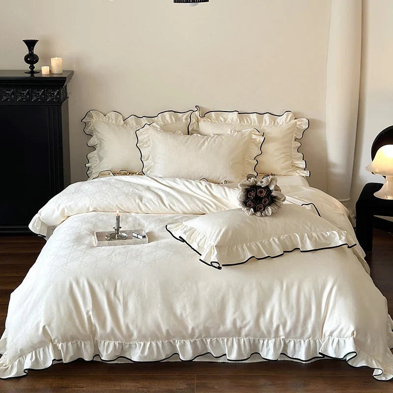 Duvet Cover Set Cotton Satin Ruffled Trim & Contrasting Piping